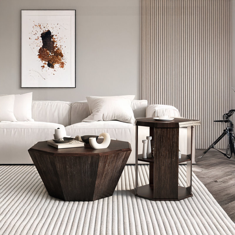 Octagonal Log Color  Rubber Wood Set Of Two Coffee Table, Coffee Table, Living Room Bedroom(Set Of Two Pieces), Walnut