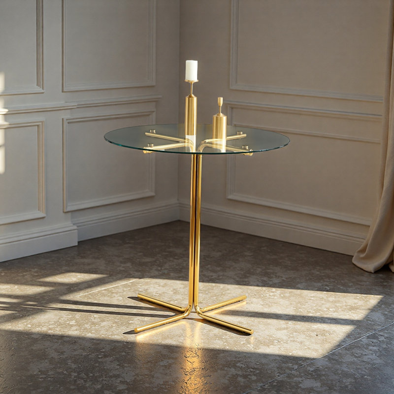 Table de bar ronde en verre, table de bar ronde de 36 pouces, plateau de table en verre trempé, support robuste à quatre colonnes plaqué chrome doré, convient aux tables de bar rondes transparentes dans les petits espaces, cuisines
