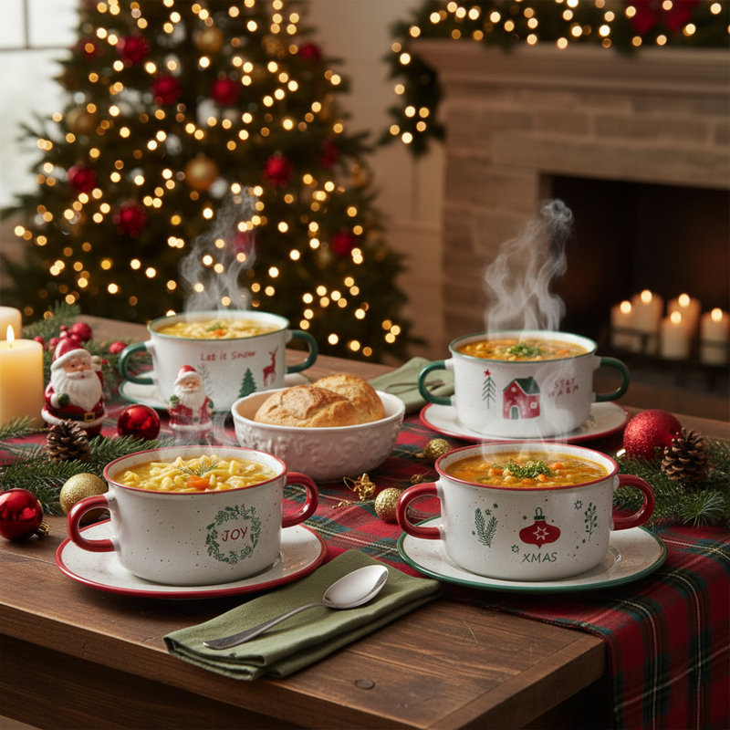 Speckled Stoneware Christmas Soup Mugs