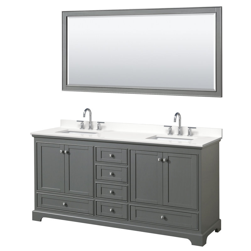 Ensemble de meuble-lavabo double autoportant Deborah avec plateau en quartz et miroir, Quartz blanc, Gris foncé, Noir mat