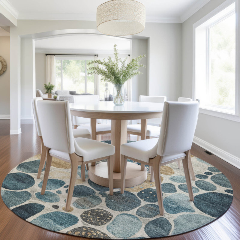 Machine Washable Indoor/Outdoor Xhevrie Teal Rug, Round 8'
