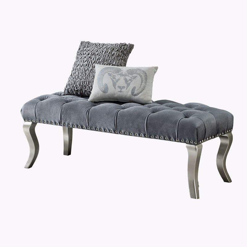 Button Tufted Upholstered Bench Nailhead Trim, Dark Gray