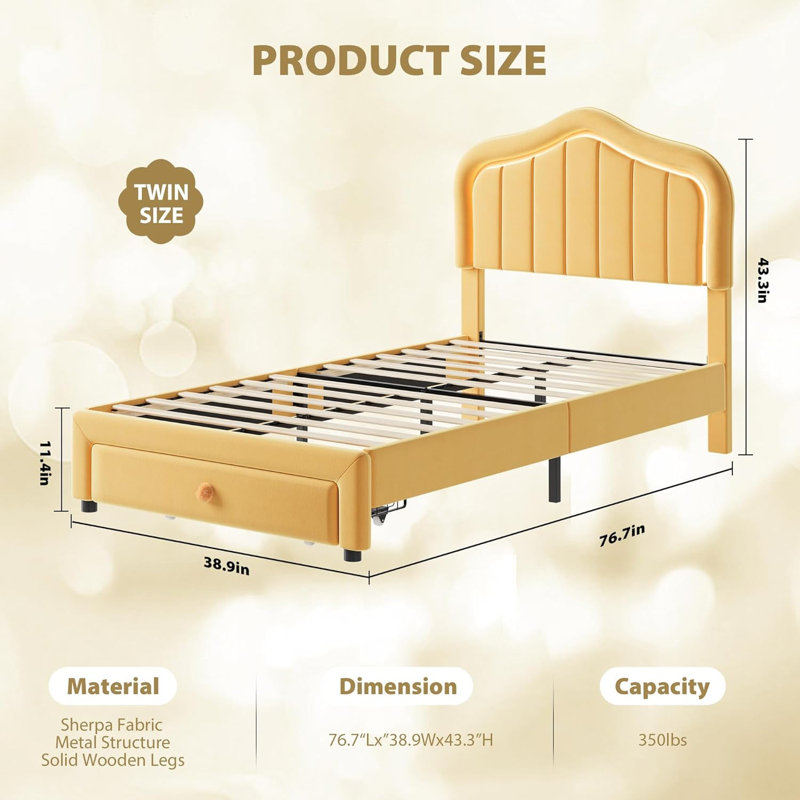 LED Upholstered Twin Bed Frame with Storage Drawer, Velvet Headboard, Wood Slat Support, No Box Spring Needed, Twin, Orange