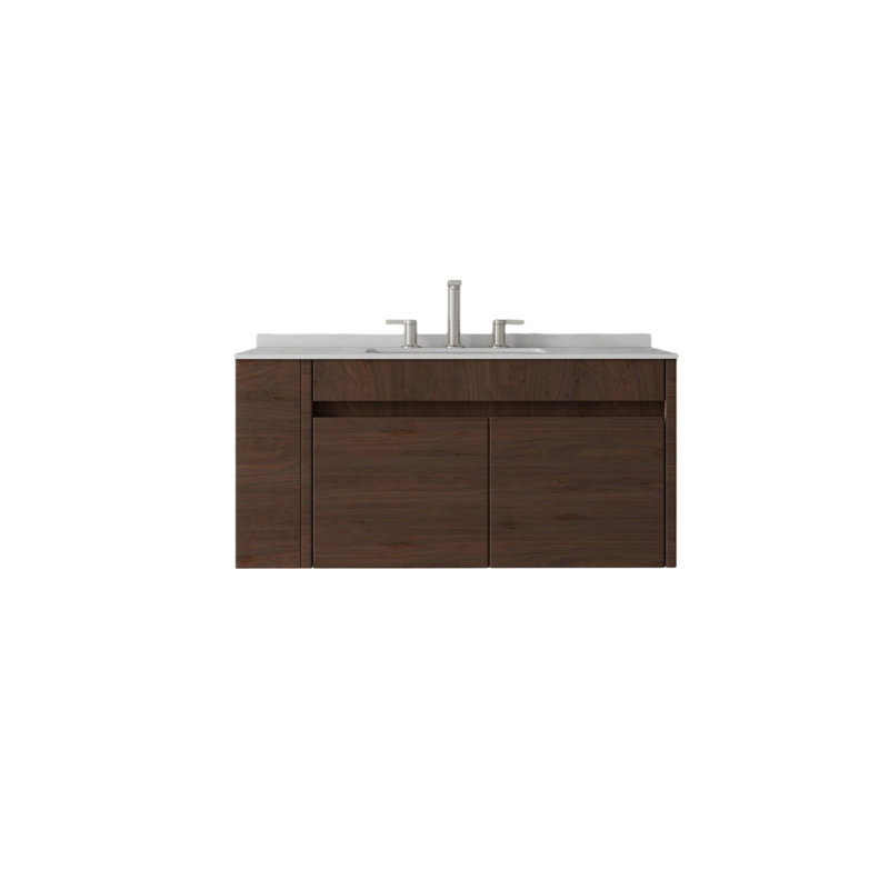 Meuble-lavabo flottant 36 po avec lavabo, porte à fermeture douce, comptoir en granite blanc 0,6 po et dosseret, contreplaqué, brun