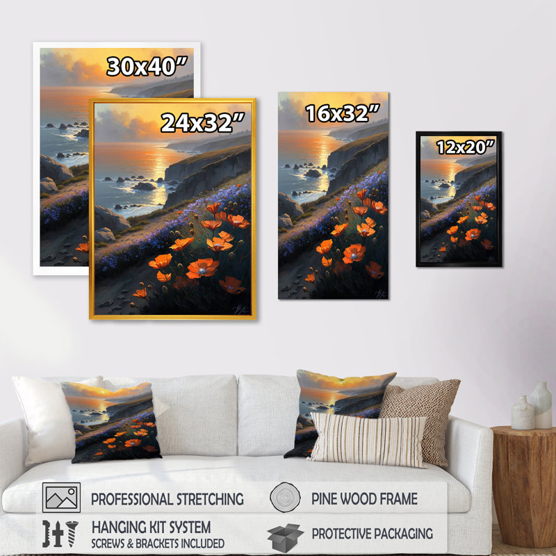 Fleurs orange par la côte II - reproduction sur toile, H 20 po x l 12 po x P 1 po, Toile tendue