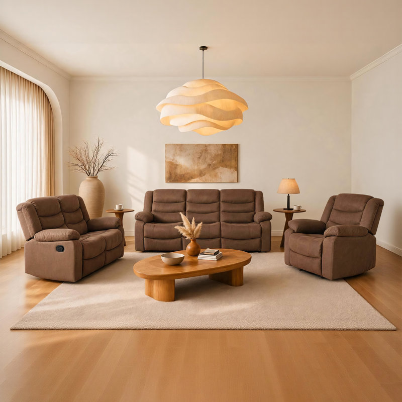 3-Piece Modern Suede Upholstered Reclining Living Room Set, Brown