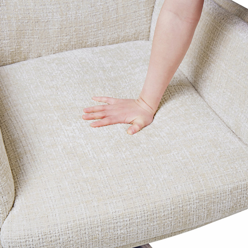 Fauteuil pivotant confortable avec chenille beige doux, structure, tissu en chenille à base en métal argenté, structure élégante