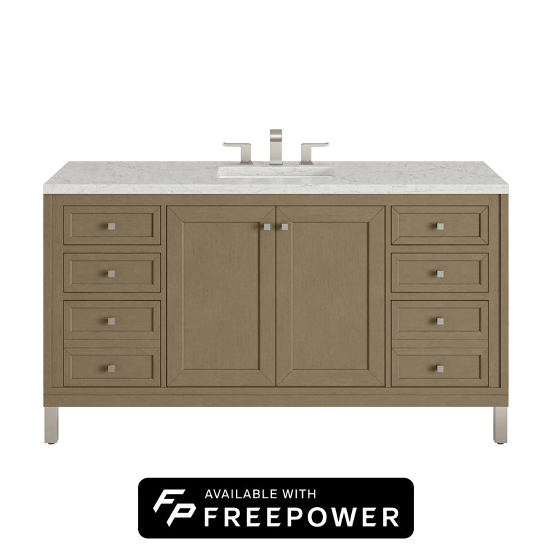 Chicago 60"W Single Vanity W/ Freepower Wireless Charger, Walnut Whisper, Eternal Jasmine Pearl