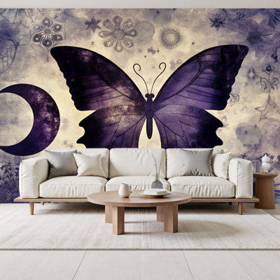 Peel and Stick Wallpaper Purple Butterfly Black White Mandala Bohemian Star Moon Phase Wall Murals 69"H x 96"W Removable PVC Wall Paper Self-Adhesive Wall Decor for Bedroom Living Room Home Office