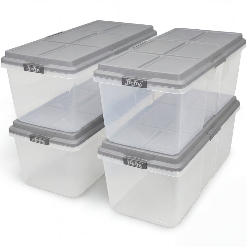 Hefty HI-RISE 113-Qt, 4-Pack Plastic Storage Bins with Lids, Cement Gray
