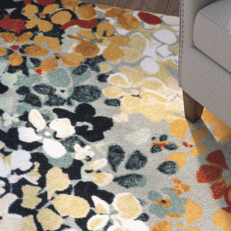 Tapis bleu / orange / beige à motif floral Siyuan, Rectangle 5 pi x 7 pi