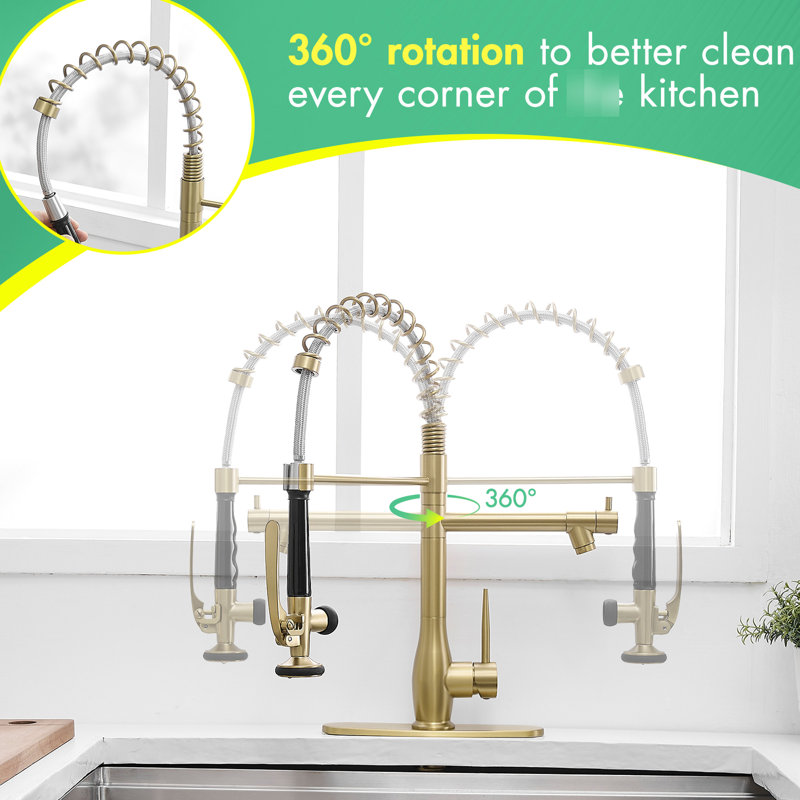 Commercial Brushed Gold Kitchen Sink Faucet With Pull Down , Quick And Easy Installation, Stable Water Supply Modern In Gold, Single Handle For Mixing Water, 360 Degree Swivel Arm