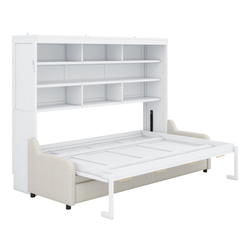 Lit armoire avec canapé escamotable Murphy, tablettes de rangement intégrées et lumière DEL, Double