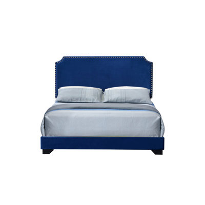Queen Bed In Blue Velvet With 4 Slats, Nailhead Trim Accoutrements, Wooden Leg Framework Arrangement, Box Spring Needed, Poplar Wood And Assembly, 6" Floor Space Separation Distance, 660Lbs Weight