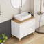 Ensemble de lavabo 31,5 pouces, 1 porte et 2 grands tiroirs, système à clous doux, conception sans poignée, plateau et pieds en bois massif naturel, lavabo carré en céramique sur le comptoir, blanc brillant