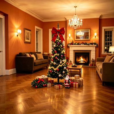Sapin de Noël artificiel mince de 1,5 m avec support en plastique, installation facile.