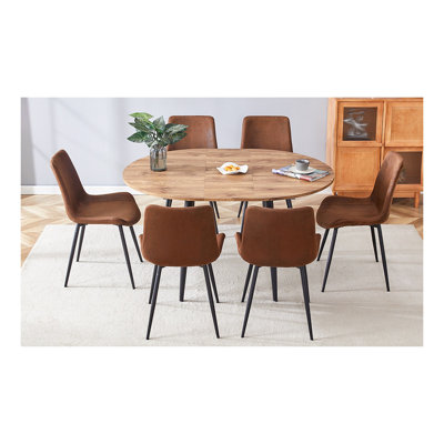 Ensemble de table de salle à manger extensible 6 pièces avec chaises en daim brun - Ensemble de meubles de cuisine convertibles ronds à ovales
