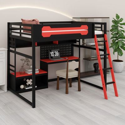 Wood Loft Bed With Desk, Shelves, LED Lights, USB Ports And Pegboard