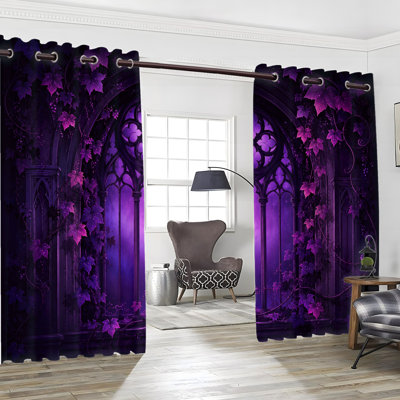 2Pcs Gothic Archway Purple Grapevine Grommet Blackout Curtains, Mysterious Gothic Grapevine Arch Art Design, Privacy Protection, Sun Blocking, Thermal Insulated, Noise Reducing, for Dining Room Home Decor
