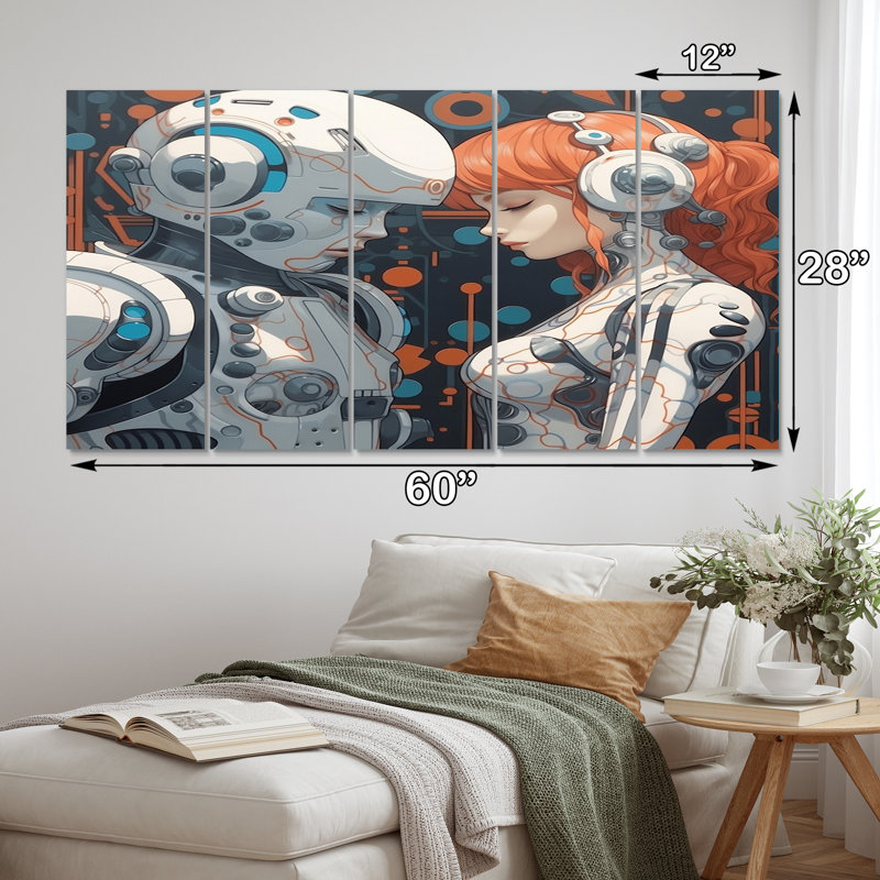 «Hot Robots In Love Retro Illustration III», reproduction d'art mural robot - 5 panneaux égaux