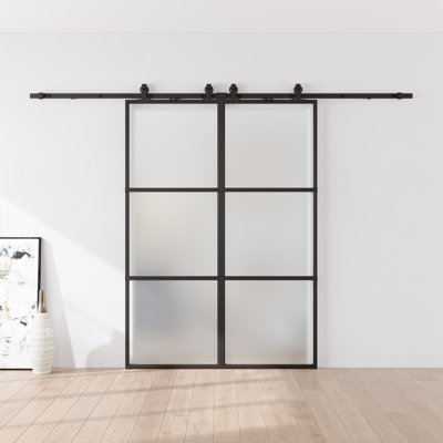 Porte de grange double coulissante en métal et en verre avec quincaillerie d'installation (fermeture en douceur incluse)