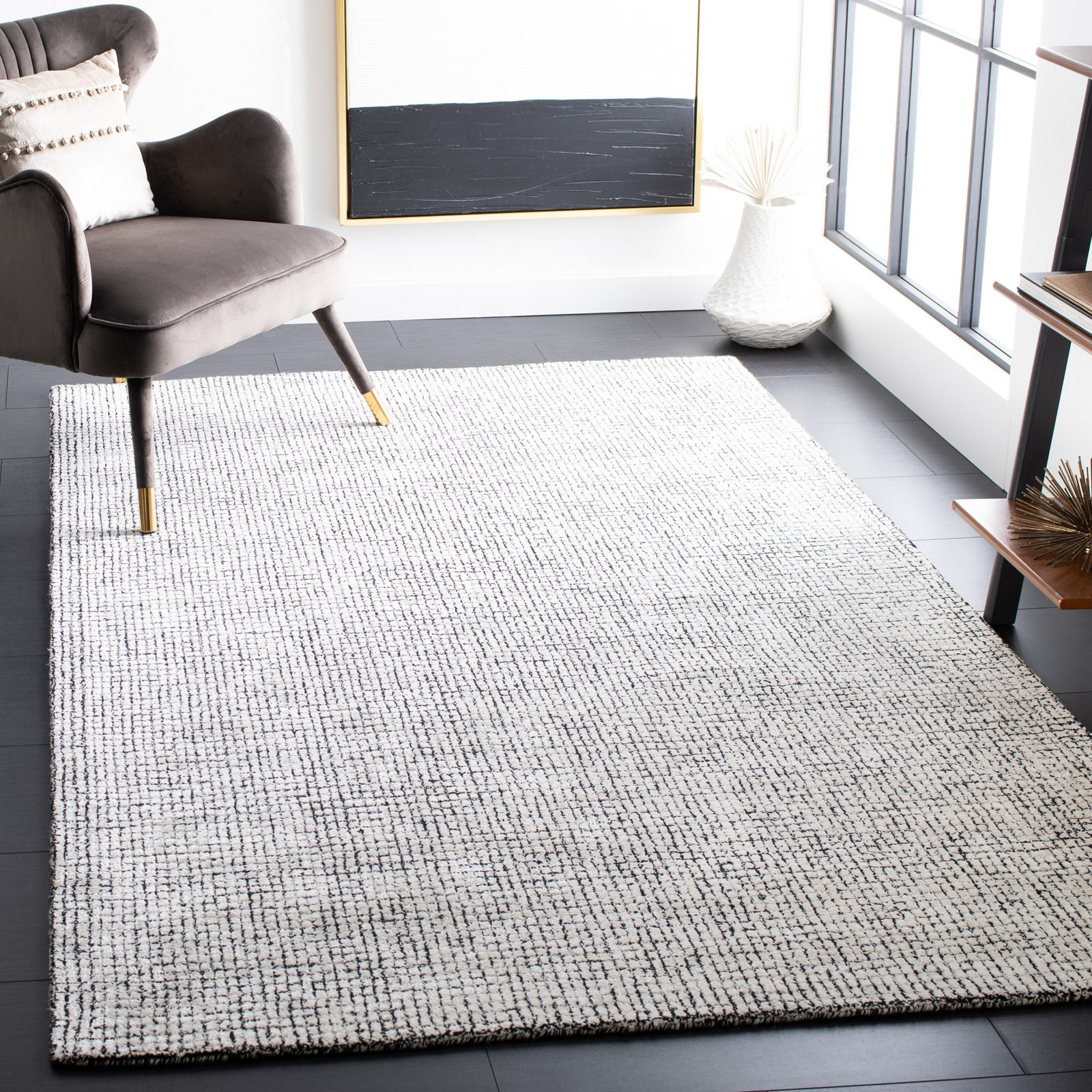 Rowe Ivory Black Hand-Tufted Checkered Rug, Rectangle 8' x 10'