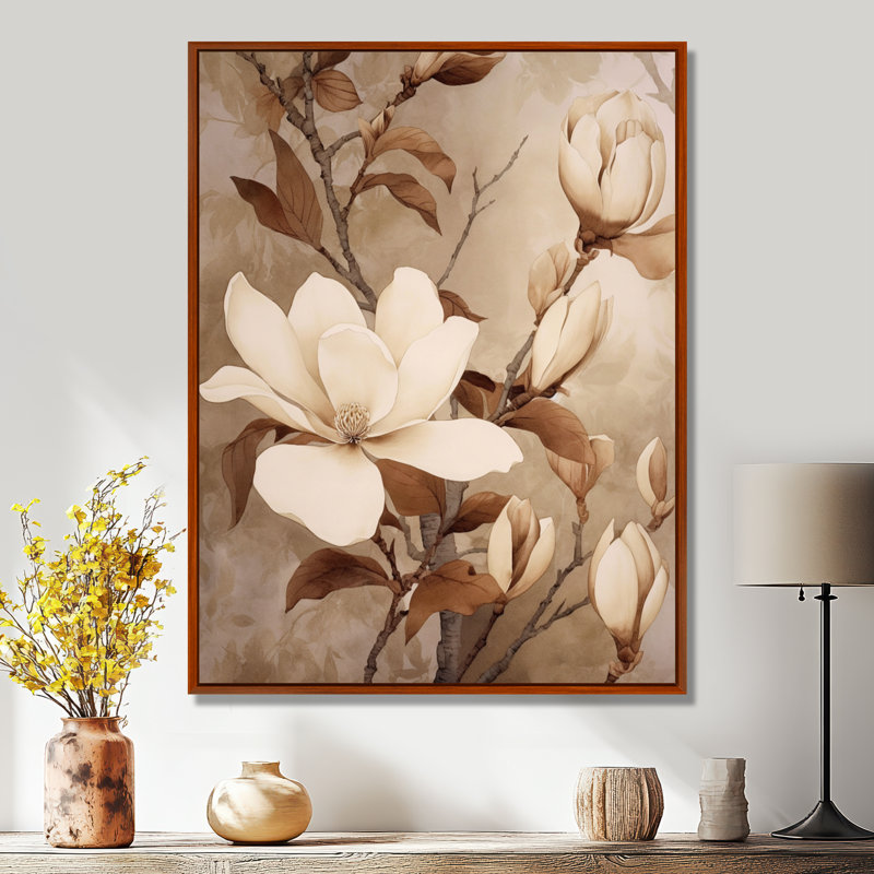 Blanc blanc brun Magnolias nature sérénité - art mural floral, H 32 po x l 24 po x P 1 po, Cadre flottant brun