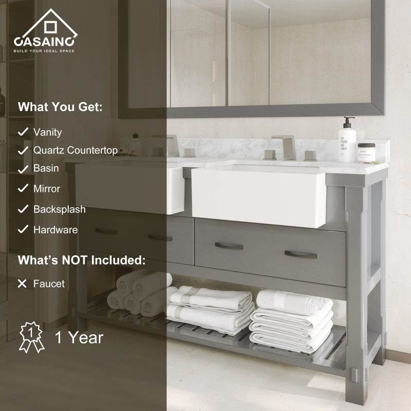 60'' Gray Solid Wood Double Bathroom Vanity with Quartz Top and Mirror