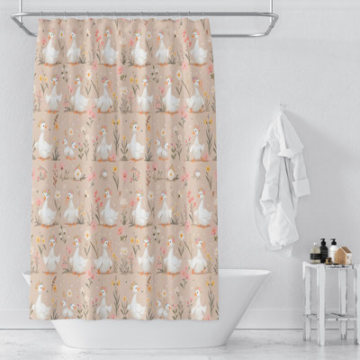 Gosling Garden Shower Curtain And Mat White Geese Wander Through Florals On A Soft Peach-Beige Canvas.background
