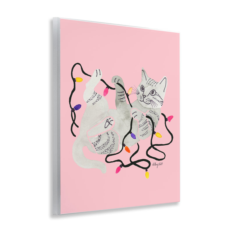 Chat avec lumières de Noël, plaque murale rose, design par Hillary Holt