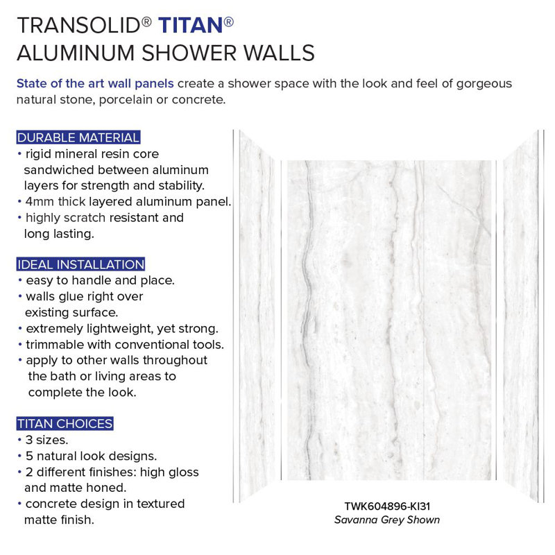 Transolid Titan Shower Wall Kit, Savanna Gray Honed, 96" H x 60" W x 48" D