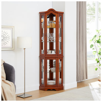 Walnut Corner Curio Cabinet with Lights, Adjustable Tempered Glass Shelves and Mirrored Back - Lighted Display Cabinet for Collectibles