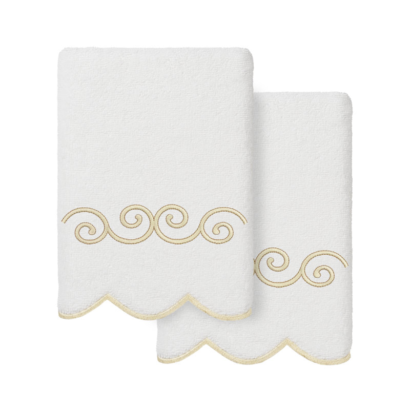  100% Turkish Cotton SYMMETRA Scallop 2PC Embellished Hand Towel Set, Hand Towel - 2 Pack, White/Beige