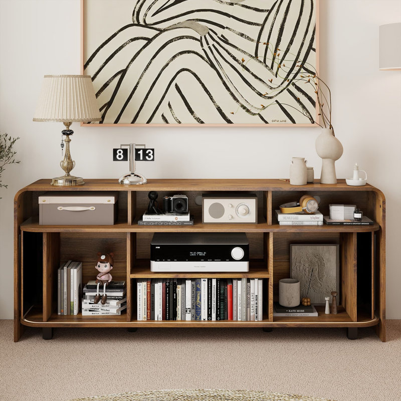 Meuble télé 63 po pour téléviseur de 70 à 70 po de 63 po, meuble télé Mid-Century moderne avec rangement, tablettes réglables et portes coulissantes