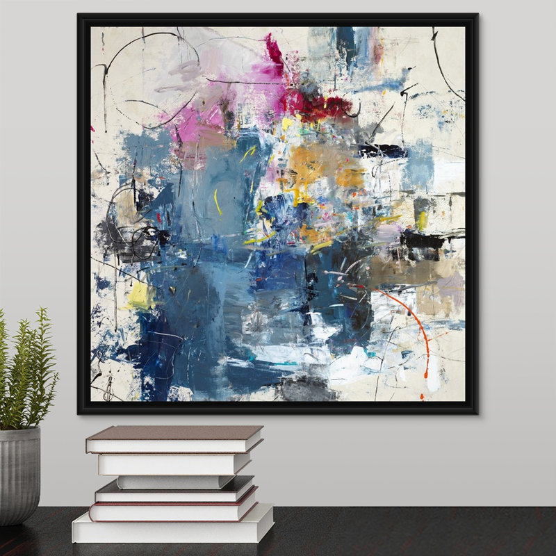 « justified play time », peinture sur toile, Cadre flottant noir, H 17,7 po x l 17,7 po x P 1,75 po