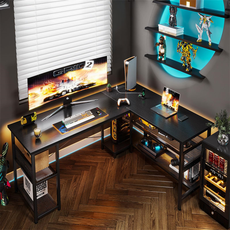 L-Shaped Gaming Table, Reversible Computer Table With 2 Outlets And 2 USB Charging Ports, Corner Table With Storage, Black