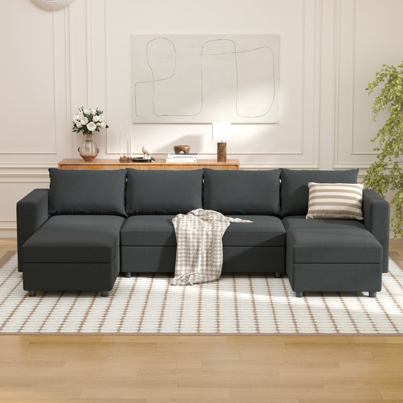 BOX MODULE STO SOFA 116'' 6 Piece Upholstered Modular Sectional Sofa with Storage, Gray Cotton Blend