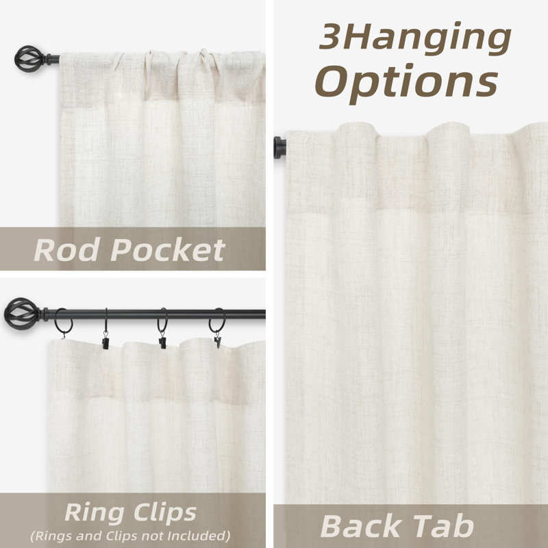 Janie Rod Pocket Linen Blend Semi-Sheer Curtain Panel Pair, 52" W x 84" L, Light Linen