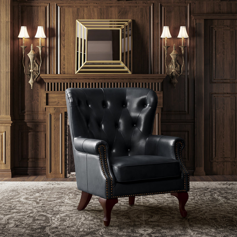 Ansumana 31.5" W Genuine Leather Wingback Armchair with Nailhead Trim, Black Genuine Leather