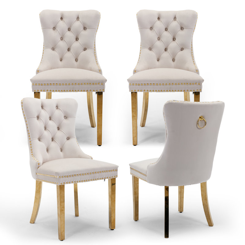 Velvet Fabric Upholstered Dining Chairs Set of 4 with Golden Legs,Beige, Beige, Gold