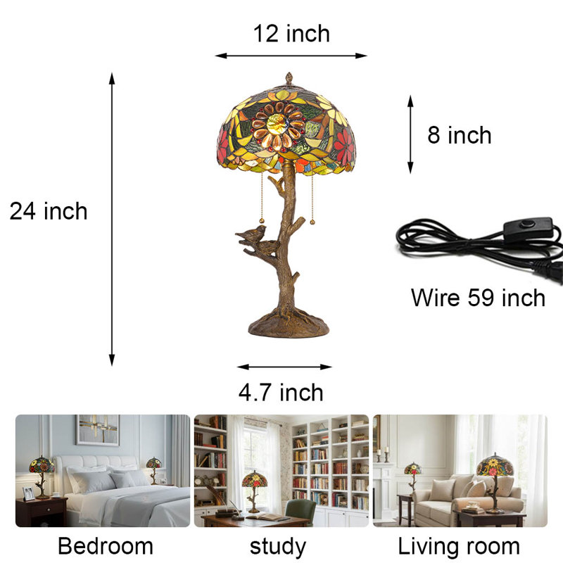 Lampe de table délicate en verre teinté de style Tiffany avec motifs d'hysanthemum, H 24 po x l 12 po x P 12 po