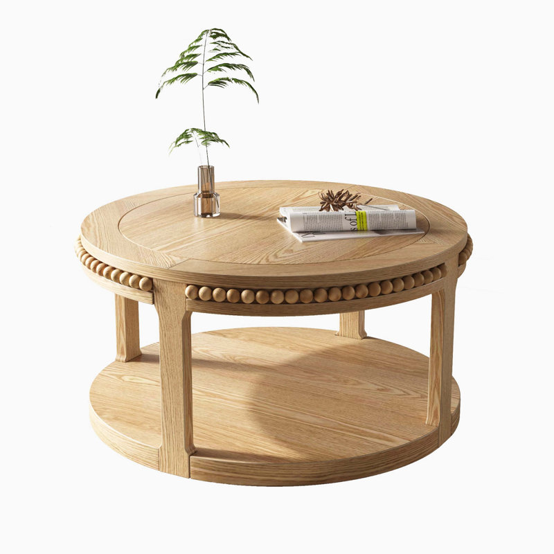 Table basse ronde en bois massif, plateau épaissi à 2 niveaux et pieds robustes, Natural Wood