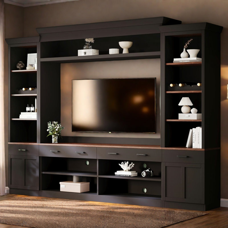 Farmhouse 4-Piece Entertainment Wall Unit Set With Bookshelf For Tvs Up To 70", Walnut TV Stand With Adjustable Shelves, Mid-Century Large Media Console With Wine Rack For Living Room