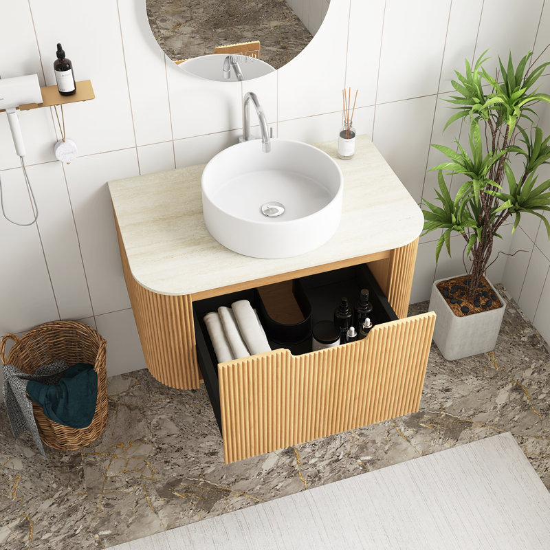 Meuble-lavabo de salle de bain, meuble-lavabo rayé à bord arrondi avec tiroir, lavabo rond en céramique blanche et plateau en pierre frittée à motif de travertin, pré-assemblé,