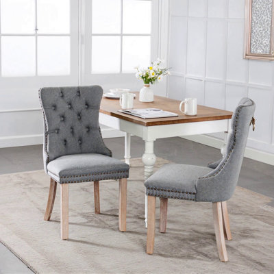 High-End Tufted Solid Wood Contemporary Flax Upholstered Linen Dining Chair With Wood Legs Nailhead Trim 2-Pcs Set