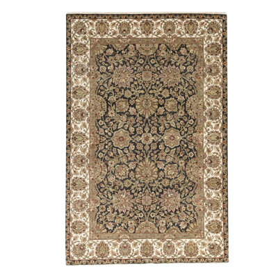 Tapis noir / ivoire en laine noué à la main de conception unique 5 pi 11 po x 9 pi 2 po One-of-a-Kind