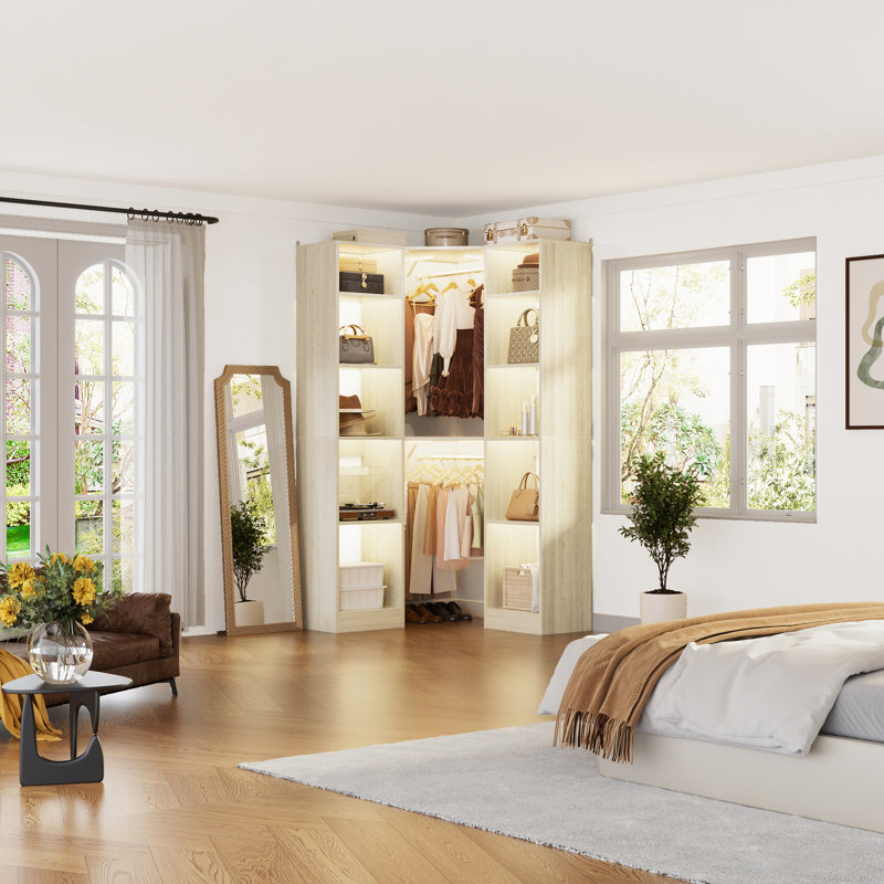 39" × 39" Large Corner Closet System With 12 Shelves & 2 Hanging Rods, White Oak
