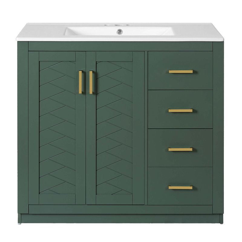 Ensemble de meuble-lavabo 36 po avec lavabo en céramique, armoire de rangement en bois massif, ensemble de meuble-lavabo autoportant avec 3 tiroirs et portes à fermeture douce