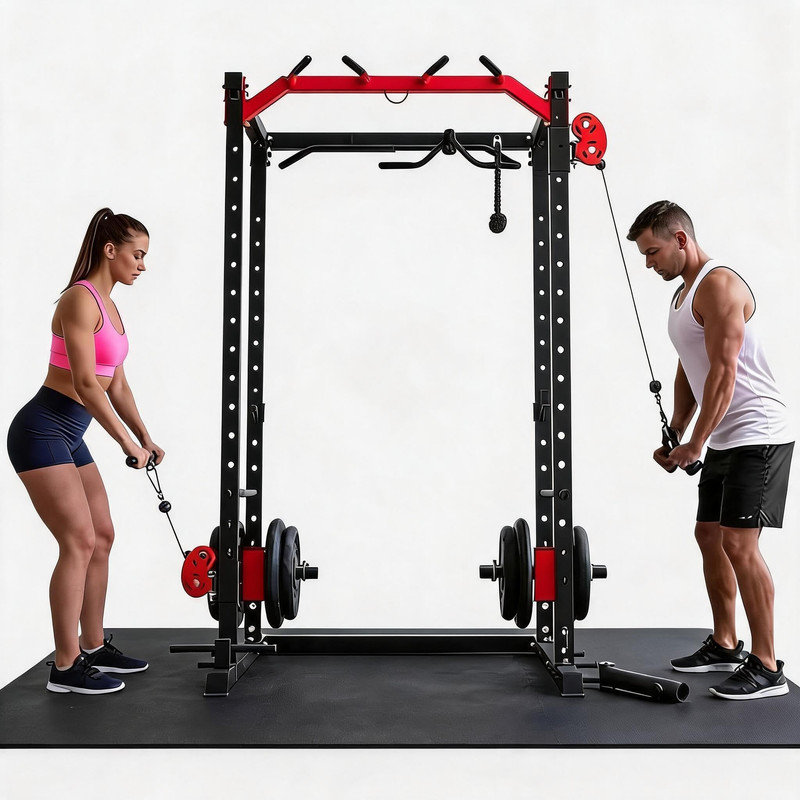 Support à deux utilisateurs avec système de poulie indépendant - station de gymnastique à domicile 2000LB pour squat, câble croisé et LAT Pulldown-rouge