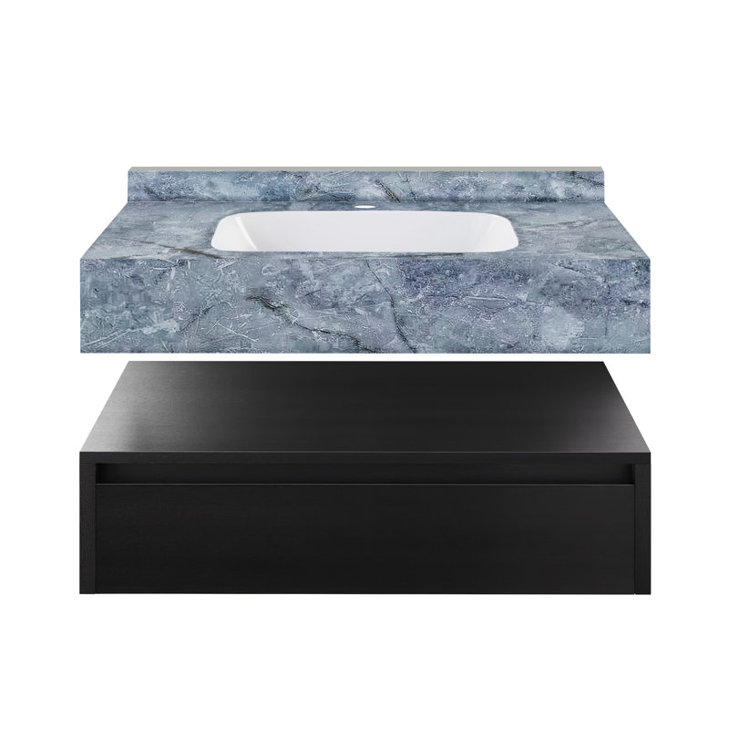 Meuble-lavabo mural 36 po Avancer en chêne naturel avec plateau en marbre noir Avancer, Chêne noir, Bleu